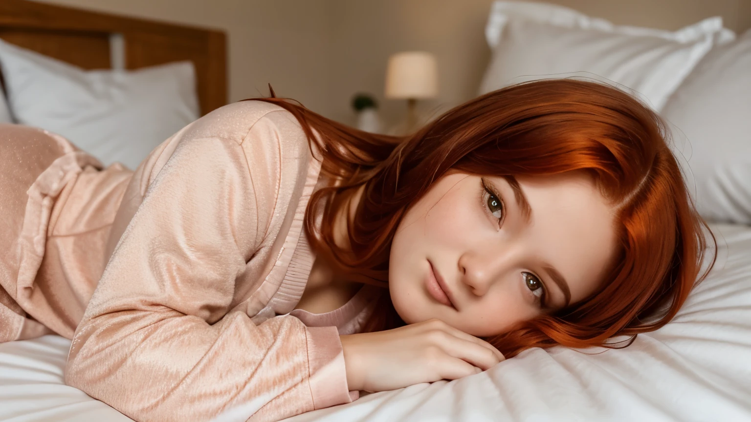 a beautiful  girl with wavy reddish copper hair lying on a bed, wearing a light pijama