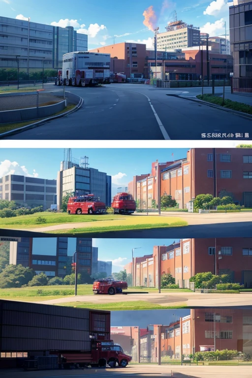 Animation scene of fire truck and fire truck building, anime scene, Hospital背景, Hospital!, Installed in the Bank of Tokyo parking lot, Madhouse studio anime style, kyoto animation still, sankakucomplex anime image, Hospital背景, Anime screenshots, anime scenery, Anime screenshots, Still from TV animation, animation still frame