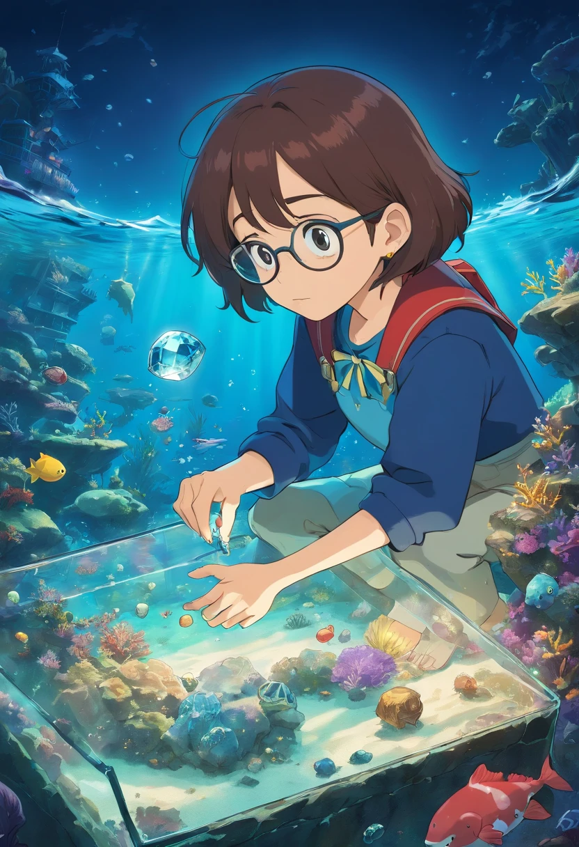 Gadget inspector searching for diamonds under the ocean. Brightness Clear dark. buried treasure.