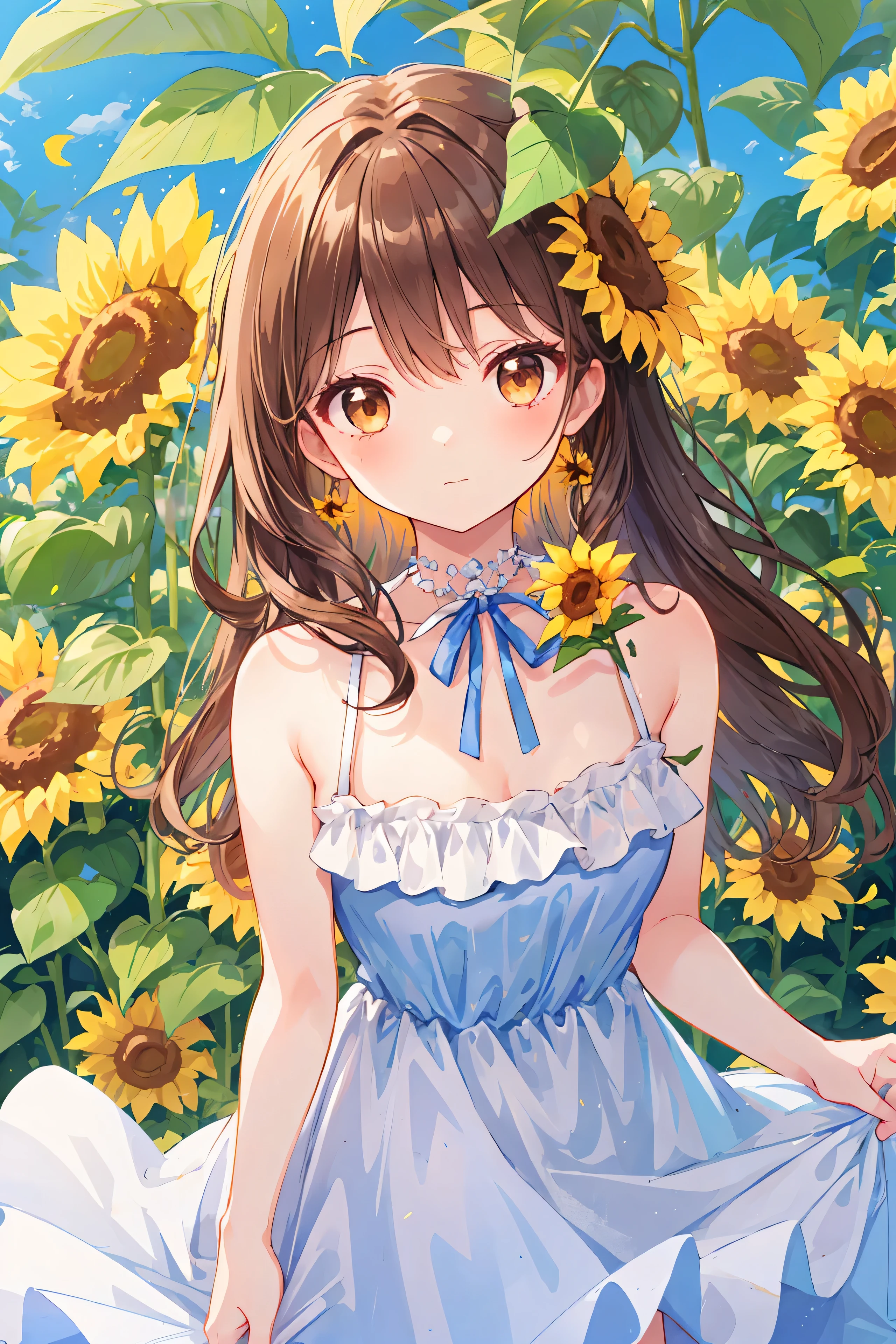 Aesthetic style, 1fille, tournesol, Seulement, tenant une fleur, Regarder la visionneuse, cheveux bruns, yeux marrons, Robe bleue, closed mouth, ribbon choker, robe sans manches, Cheveux longs, bare shoulders, en plein air, ruban de cou, robe d'Summer, bretelle spaghetti, feuille