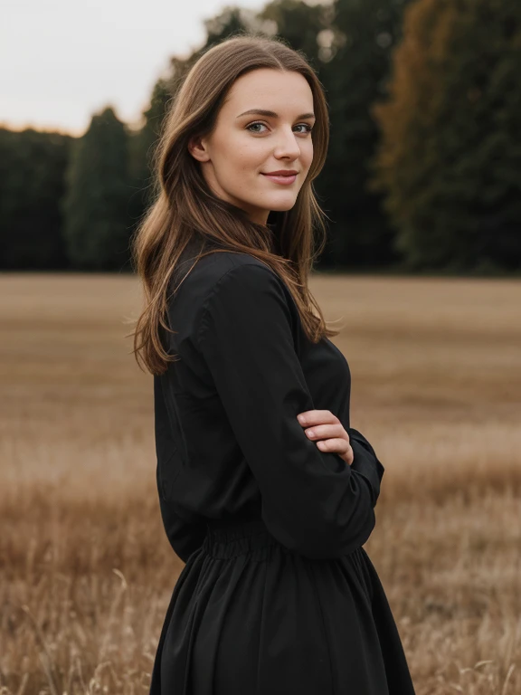 Photograph of a stunning 23 year old girl, abendkleid, Braune Haare , Portrait image, smiling, Blick in die Kamera , Spectacular lighting, beautiful, (tiefe spaltung), Foto-Shooting, Western, (Meisterwerk), best quality, high resolution, extremely detailed background, Haut mit Poren, , Kinobeleuchtung abgeschlossen