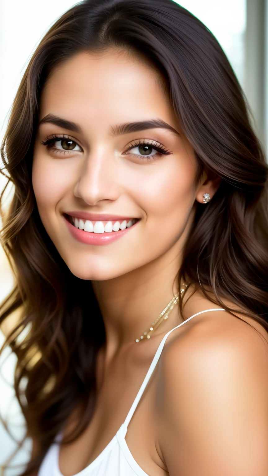 A girl named Maria,Brazilian and Canadian, 25 years old, Straight Hair, supermodel, long messy windy brown hair, clear honey eye, captivating perfect smile, sensual, hot woman, gorgeous, first-person view, lens flare, f/1.8, 135mm, Canon, UHD, retina, masterpiece, ccurate, anatomically correct, textured skin, super detail, high details, high quality, best quality, highres, 1080P, HD, 4K, 8k