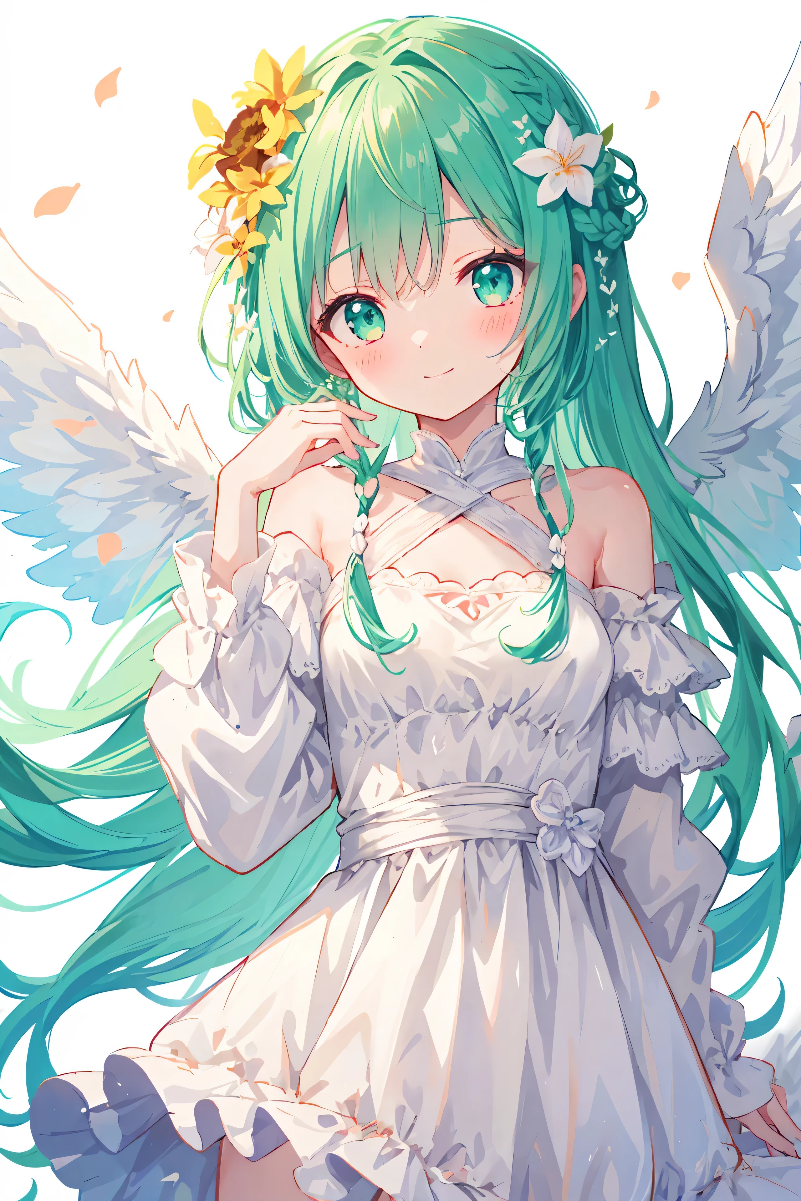 par dsmile9, best quality, chef-d'artwork, aesthetic, 1fille, Seulement, ornement de cheveux, fleur, Tresser, robe, hair fleur, Cheveux longs, Ailes, Regarder la visionneuse, cheveux sur l'shoulder, shoulders nues, frange, white robe, Haut du corps, rougir, hors shoulder, Levez la main, fond blanc, green Ailes,
Lighting and shadow