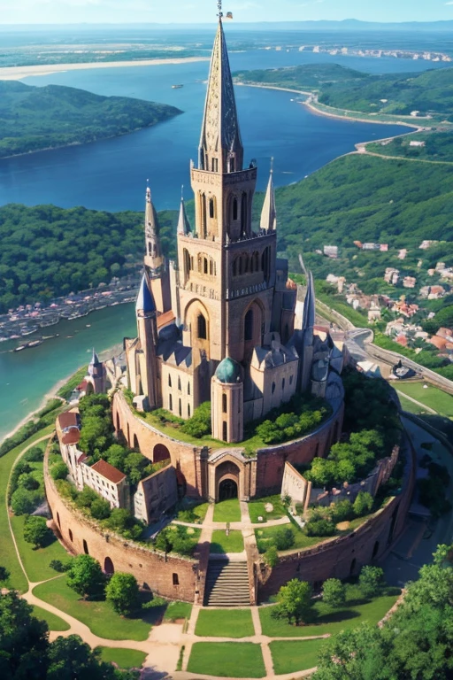 Close-up of a circular city surrounded by trees and water, medieval city, small town background, Panoramic view of the whole city, town in background, ancient city, 白石ancient city, The massive and structured city of Valhalla, medieval city, medieval city背景, ancient city景观, Bustling magic town, medieval village on the plains, around the city
