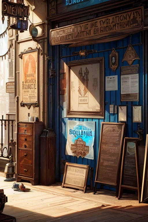 (brown board:1.1,with many annotations),(posters on the wall),(posters on the wall),(BioShock Infinite style),(BioShock Infinite concept art),(displayed on the wall),(steampunk store),(many signs),(BioShock Infinite art style),(vintage signs),(BioShock is infinite),(signboard),(Resonance of Fate art style)