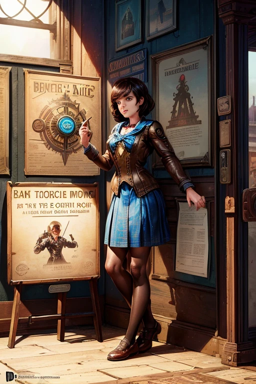 (brown board:1.1,with many annotations),(posters on the wall),(posters on the wall),(BioShock Infinite style),(BioShock Infinite concept art),(displayed on the wall),(steampunk store),(many signs),(BioShock Infinite art style),(vintage signs),(BioShock is infinite),(signboard),(Resonance of Fate art style)