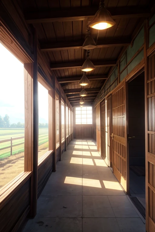 Close-up of long corridors,There is a light at the end, anime background艺术, anime scenery概念艺术, anime scene, Inside the barn, 农场Inside the barn, Random background scene, beautiful anime scenes, Studio Ghibli environment, anime background, anime rural scenery, attack on titan scenery, Studio Ghibli Sunshine, anime background, anime scenery