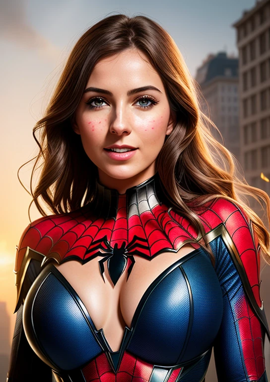 Beautiful woman of European appearance in a detailed Spider-Man costume, big breastes, Sad, Crying, teardrops, Portrait in the background in a ruined city at sunset, hyper-detailing, Smoke, sparks, sunlight rays (8 thousand), Realistic, Symmetrical, Award-winning, Cinematic Lightning, impregnated with film, 75 mm, scratches, a closeup of a, torn and dirty clothes, detailized face,