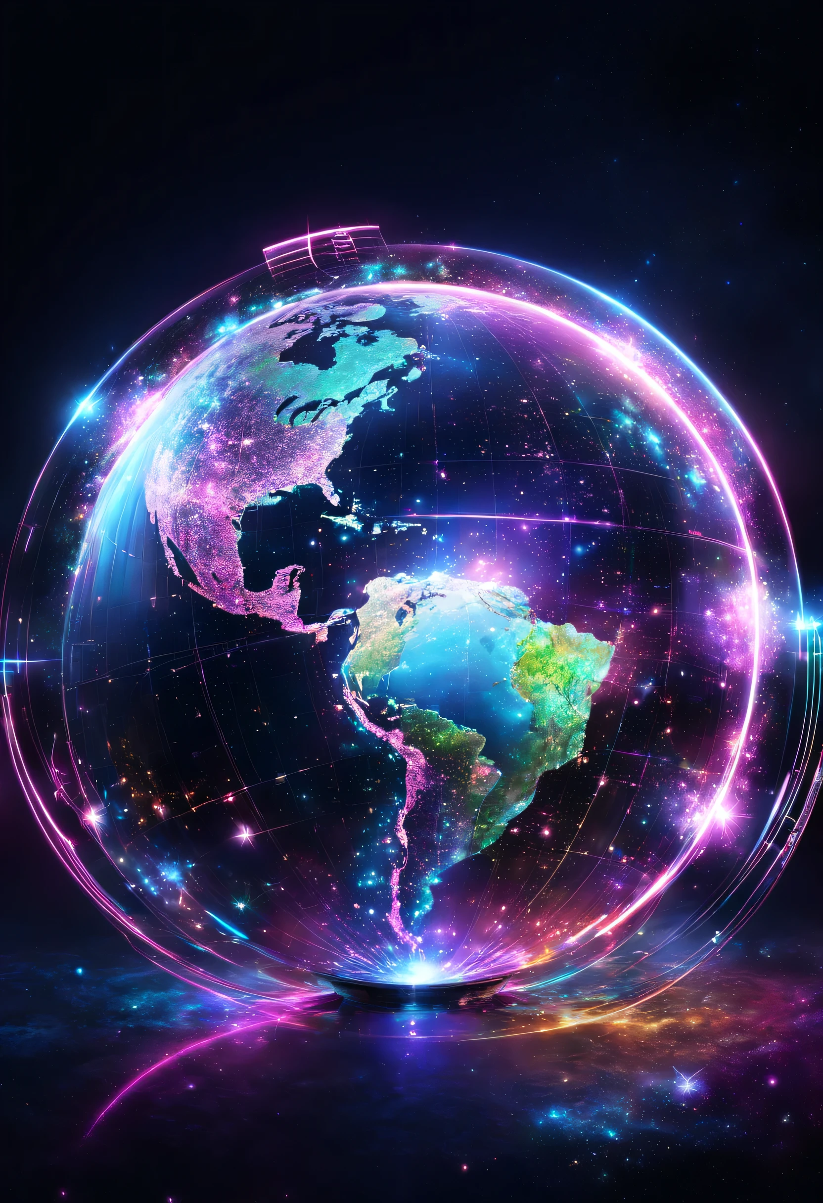 holography,draw in neon colors((Earth)):sphere:((floating)),transparent,Three-dimensional,light,SF,Digitalアート,Digital,scientific,dark background:electronic circuitry:draw in neon colors,3D,masterpiece,Digital空間,energy,beautiful,最高masterpiece,8K,科学のlight,be familiar with,Bright colors,colorful,nice,beautiful,rich colors,beautifullightのライン.magic effect,Sparkling,beautifullightの粒