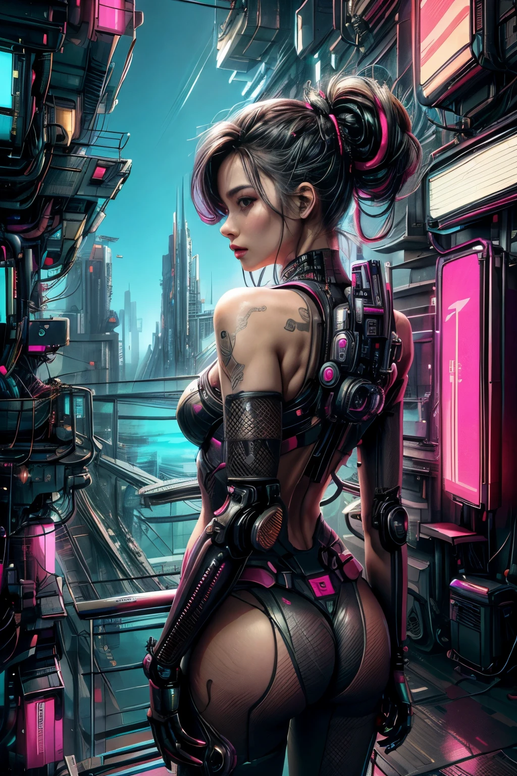 Uma belissima garota japonesa ciborgue, cyberpunk corpo lindo, peitos medios, belo quadril, partes mecanicas, cabelo medio, intincado detalhado, luzes neon, side view of the back looking at the viewer, on a luxurious terrace, vista de fundo predios futuristas da cidade