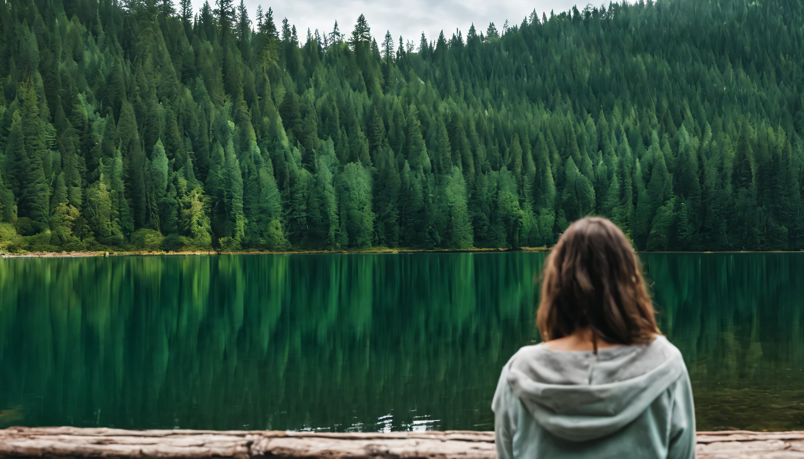 a woman looking at a beautiful forest with a lake and pine trees