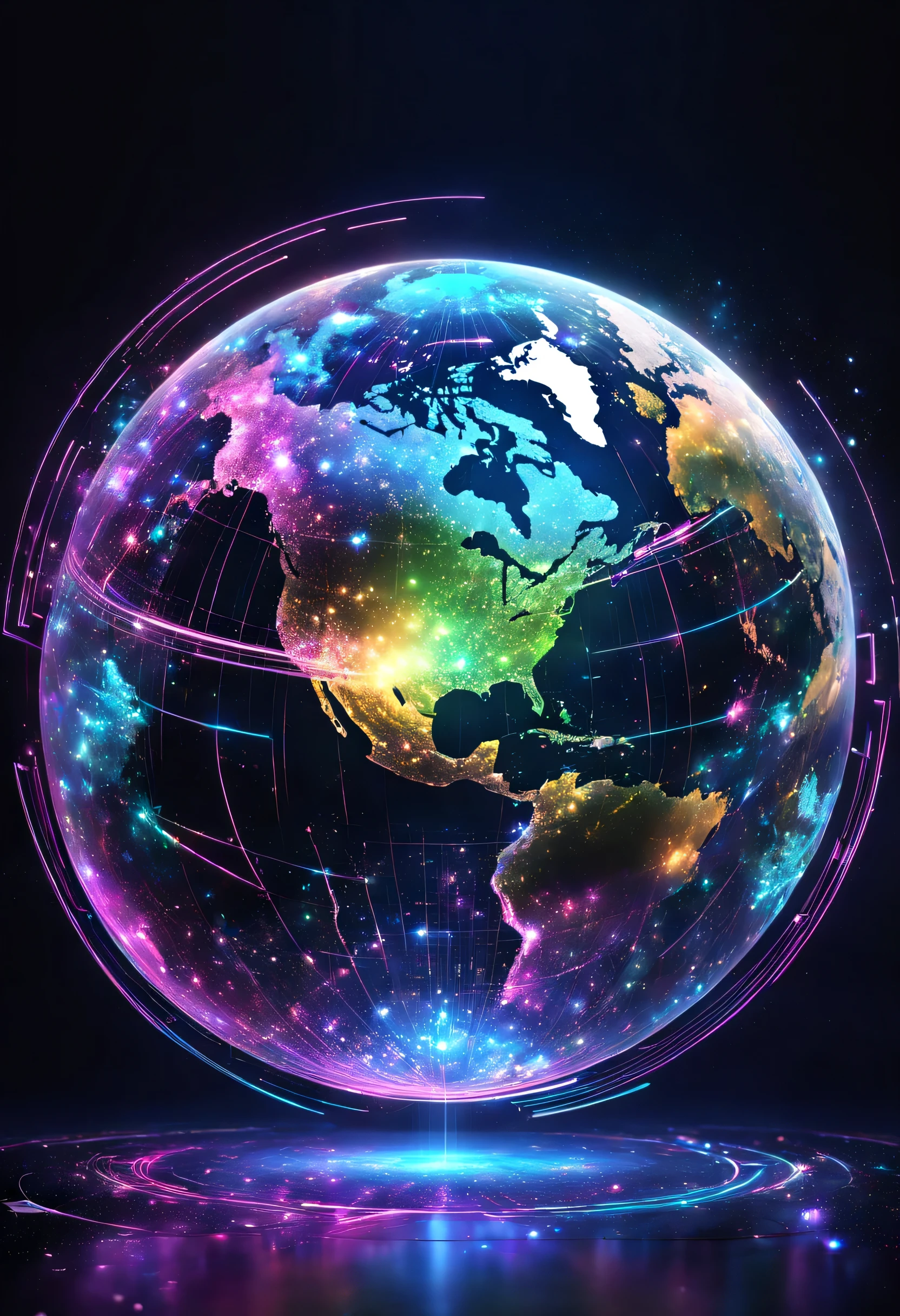 holography,draw in neon colors((Earth)):sphere:((floating)),transparent,Three-dimensional,light,SF,Digitalアート,Digital,scientific,dark background:electronic circuitry:draw in neon colors,3D,masterpiece,Digital空間,energy,beautiful,最高masterpiece,8K,科学のlight,be familiar with,Bright colors,colorful,nice,beautiful,rich colors,beautifullightのライン.magic effect,Sparkling,beautifullightの粒