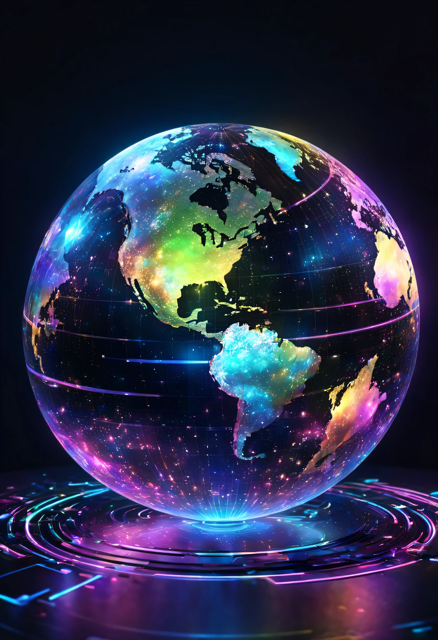 holography,draw in neon colors((Earth)):sphere:((floating)),transparent,Three-dimensional,light,SF,Digitalアート,Digital,scientific,dark background:electronic circuitry:draw in neon colors,3D,masterpiece,Digital空間,energy,beautiful,最高masterpiece,8K,科学のlight,be familiar with,Bright colors,colorful,nice,beautiful,rich colors,beautifullightのライン.magic effect,Sparkling,beautifullightの粒