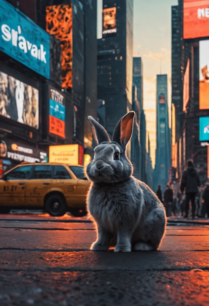 Ray tracing: Little gray little bunny in New York in Times Square stands and smiles. Jeremy Mann and Charles Danny Gibson, Mark Demsteder, Paula Headley. Spartak Mukanov + art concept. Very beautiful, gouache, cinematic, dark, creepy, mysterious, modern vintage. Types of lighting: Color space. Image Stabilization: Golden Hour: Ray Tracing: Cinestill 800T. HDR: