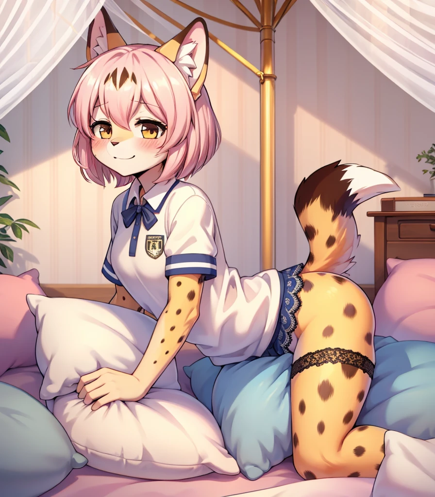 alone, beast wild, fluffy woman, Tigre, Serval ears,, (Maximum details), (light and shadow),Serval tail, SHORT HAIR, pillow background, 穿着school shirt的可爱女孩在枕头上摆姿势, student, school skirt, (deep blues), school shirt, (white), Nature,, (Blushed),a smile,pillow head,many pillows,soft pads,Canopy bed,Soft pillows,soft pads,Soft pillows,crotch rub,Pillow hump,(Pink pillows),(The love surrounding the protagonist),(steaming hot),(pillow head),(),(Luxury pillows),(Palace pillow pattern pillow),(palace),(palace卧室),(Gorgeous pattern pillow),Soft pillows,,(Classical European style bedroom ),(excited,Shy,Proud,Holding urine,lack of expressiveness,),,lace pillow, trembling,,lust,,trembling,Relax and rest,Four-poster bed,有many pillows,SERVAL PRINT,