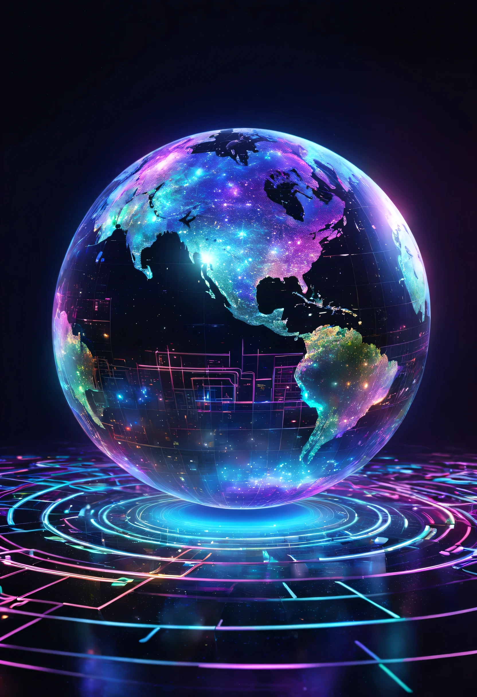 holography,draw in neon colors((Earth)):sphere:((floating)),transparent,Three-dimensional,light,SF,Digitalアート,Digital,scientific,dark background:electronic circuitry:draw in neon colors,3D,masterpiece,Digital空間,energy,beautiful,最高masterpiece,8K,科学のlight,be familiar with,Bright colors,colorful,nice,beautiful,rich colors,beautifullightのライン.magic effect,Sparkling