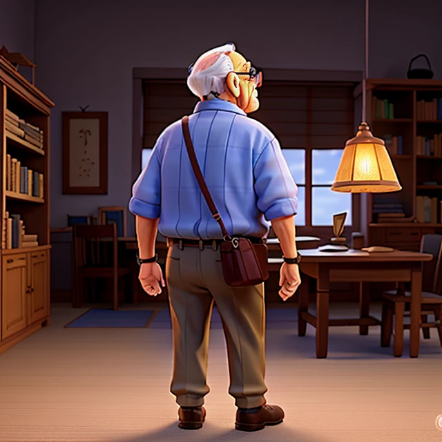 A wise old man standing in front, illuminated by the light of a lamp, tendo como pano de fundo uma biblioteca