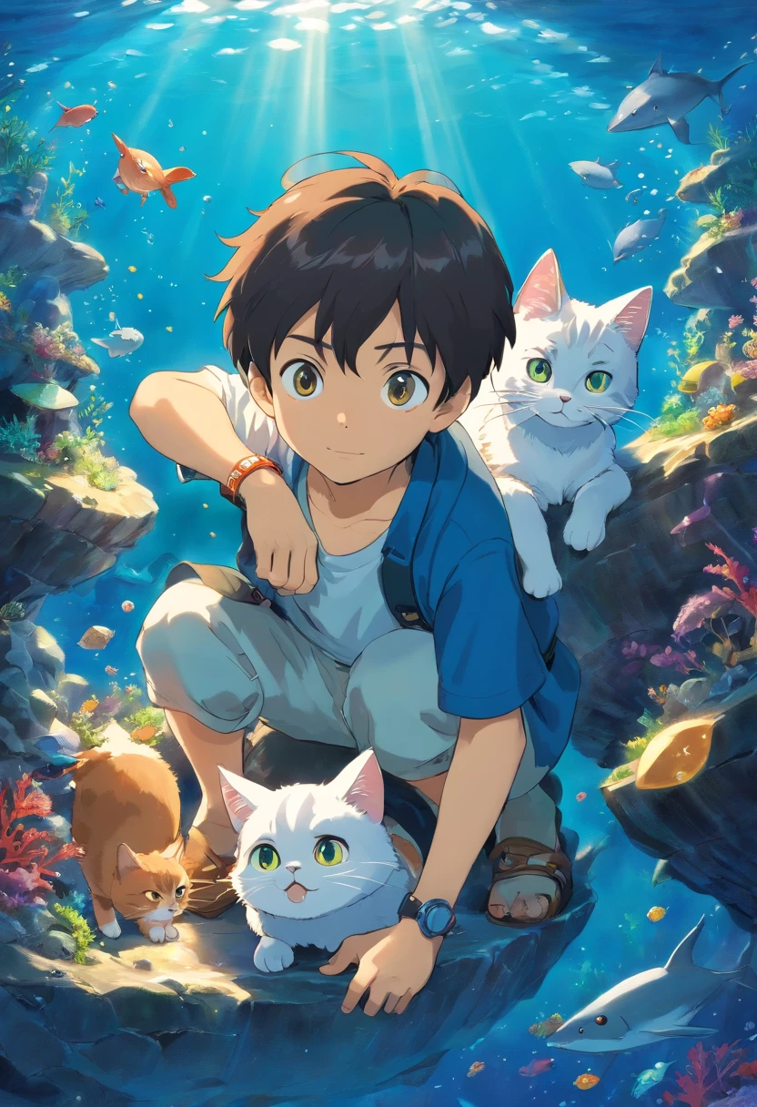  with his cat, excentrique, who searches for diamonds under the ocean. Brightness Clear dark. buried treasure. 