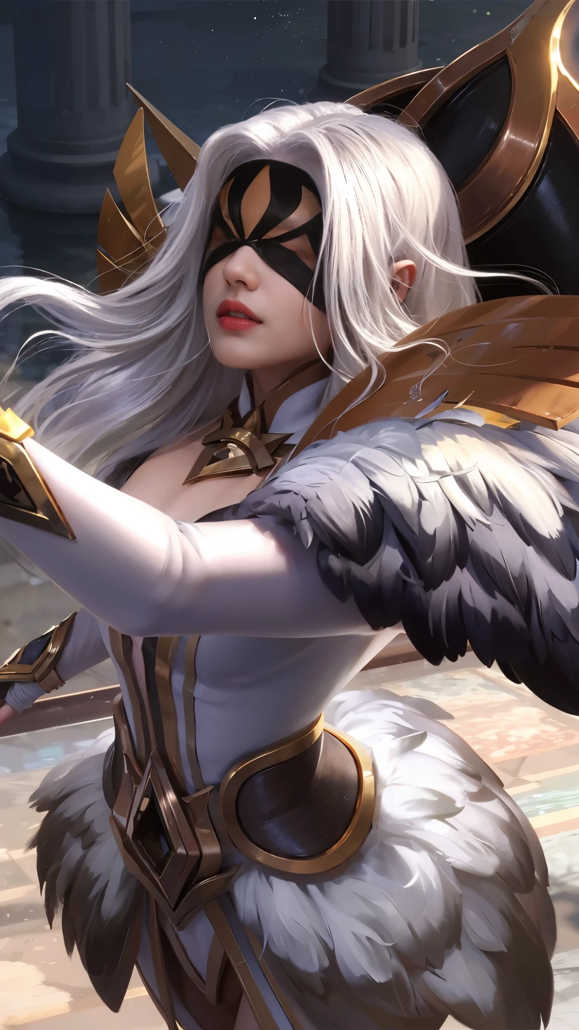 (photorealistic:1.4), best quality, masterpiece, ultra high res, 1girl, (detailed face:1.2), (detailed hair:1.2), (detailed clothes:1.2), 4k, (detailed color:1.2), (girl with blindfold:1.2), (blind), armpits, realistic, 1girl, white hair, wearing a red blindfold, parted lips