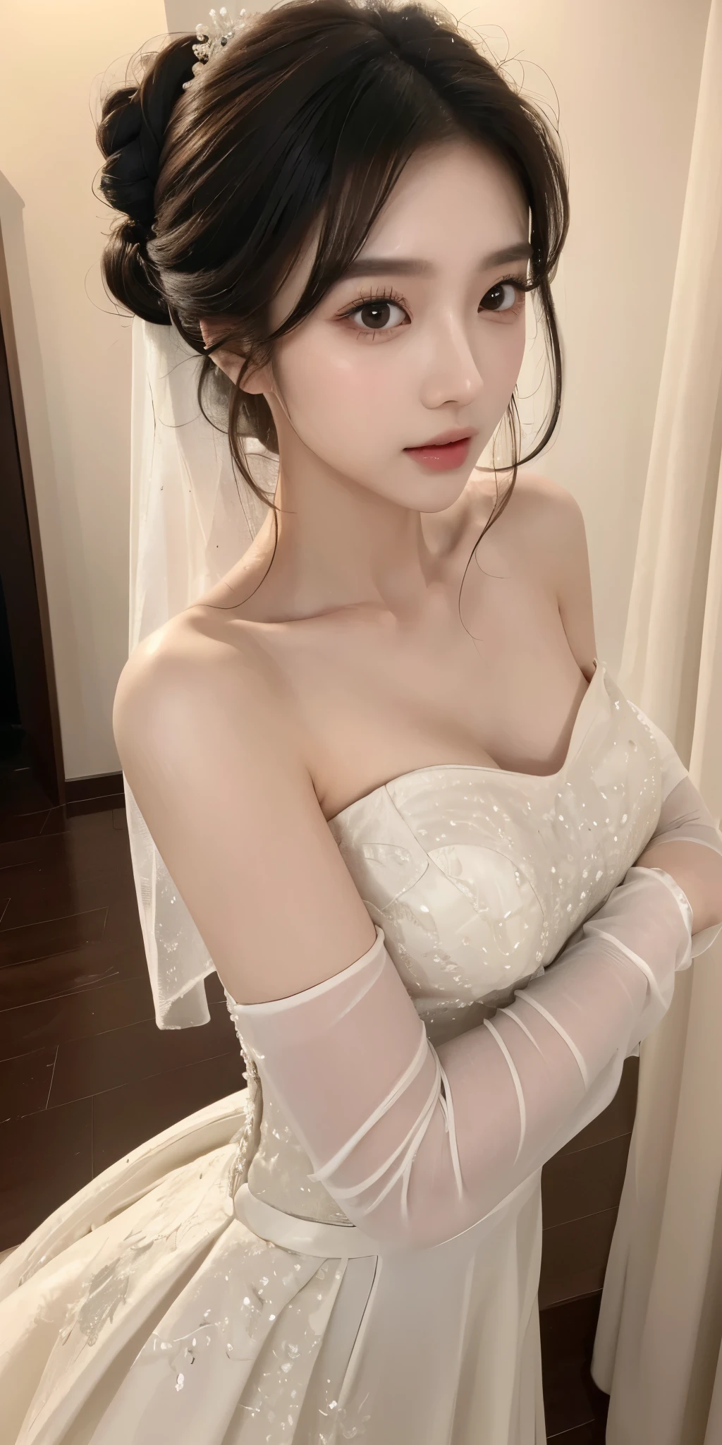 (best quality, 8K, masterpiece, ultra high definition: 1.3), (kpop idol: 1.3), 1 , (: 1.2), (long hair),  Perfect body, Beautifully, beautiful eyes, double eyelids, Hands are super thin, ((Korean wedding dress))，开衫elegant  , detailed  , elegant  , Luxury hotel 5 star,，