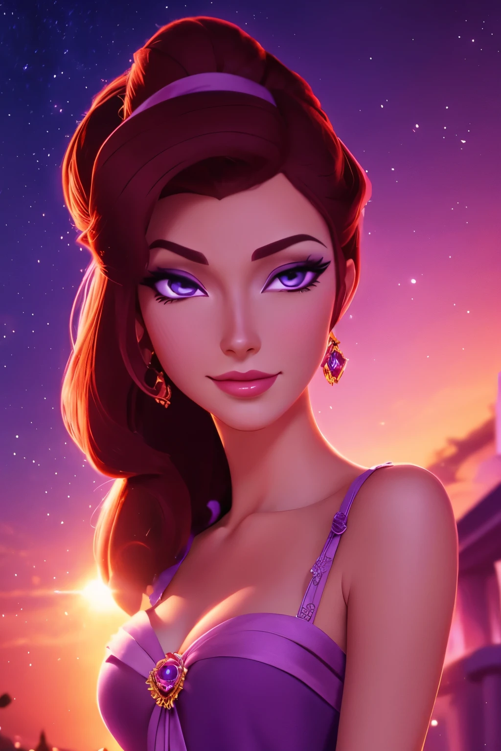 brunette Megara wearing purple greek dress, face focus, beautiful portait, detailed face expression, best quality, official art, on night light background romantice, shinning eyes, disney animation style, best quality, digital art, 2D