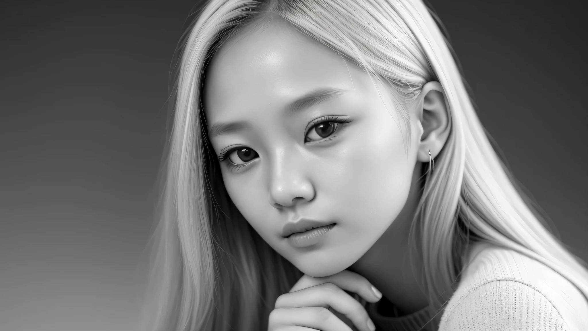 a girl kids blonde with a sweater on and glass, portrait black and white, close up portrait photo, black and white portrait, 1 3 5 mm nikon portrait, beautiful portrait photo, studio potrait, taejune kim, seseon yoon, jaeyeon nam, kids model, editorial KIDS portrait, high detail portrait photo,