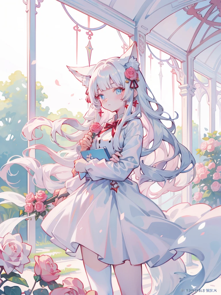There was a woman wearing a white dress，A red rose stuck in her hair, Anime cosplay, Anime girl cosplay, cosplay foto, A mix of anime style and Fujifilm, cosplay, white haired god, beautiful fox woman, RPG Maker, White Cat Girl, silver haired girl, Nekomimi, real anime girl, Ayaka cosplay, Shirahime cut hairstyle