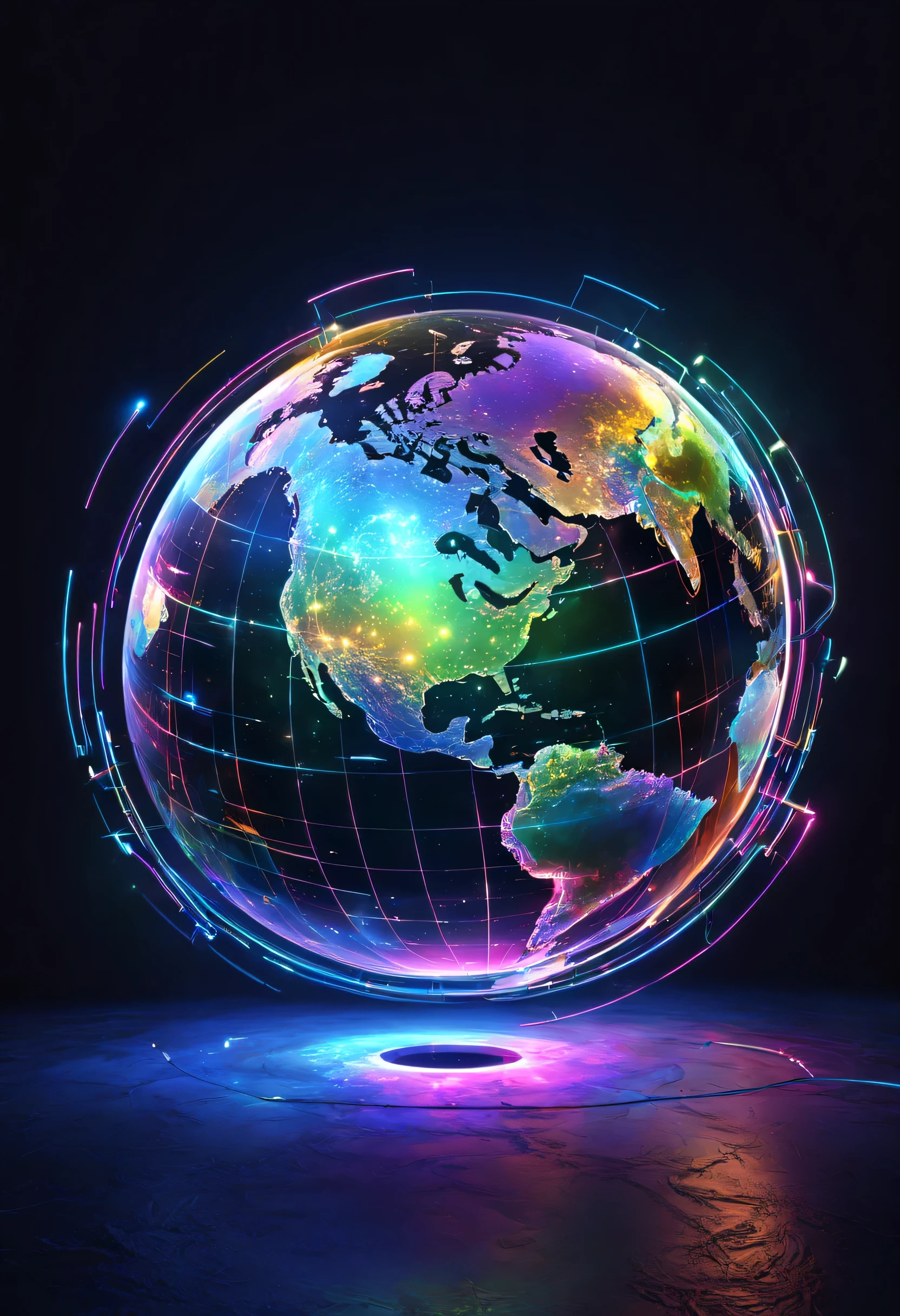 holography,draw in neon colors((Earth)):sphere:((floating)),transparent,Three-dimensional,light,SF,Digitalアート,Digital,scientific,dark background:electronic circuitry:draw in neon colors,3D,masterpiece,Digital空間,energy,beautiful,最高masterpiece,8K,科学のlight,be familiar with,Bright colors,colorful,nice,beautiful,rich colors,beautifullightのライン