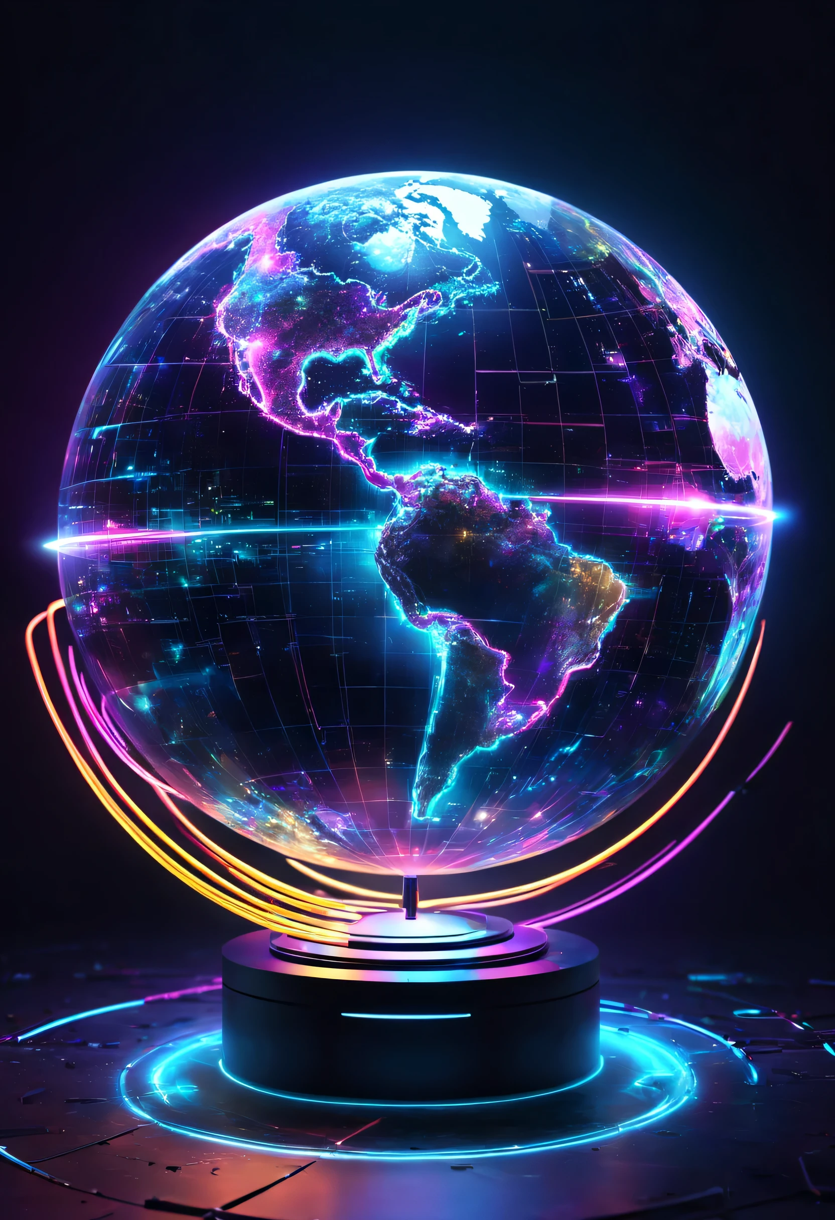 holography,draw in neon colors((Earth)):sphere:((floating)),transparent,Three-dimensional,light,SF,Digitalアート,Digital,scientific,dark background:electronic circuitry:draw in neon colors,3D,masterpiece,Digital空間,energy,beautiful,最高masterpiece,8K,科学のlight,be familiar with,Bright colors,colorful,nice,beautiful,rich colors,beautifullightのライン