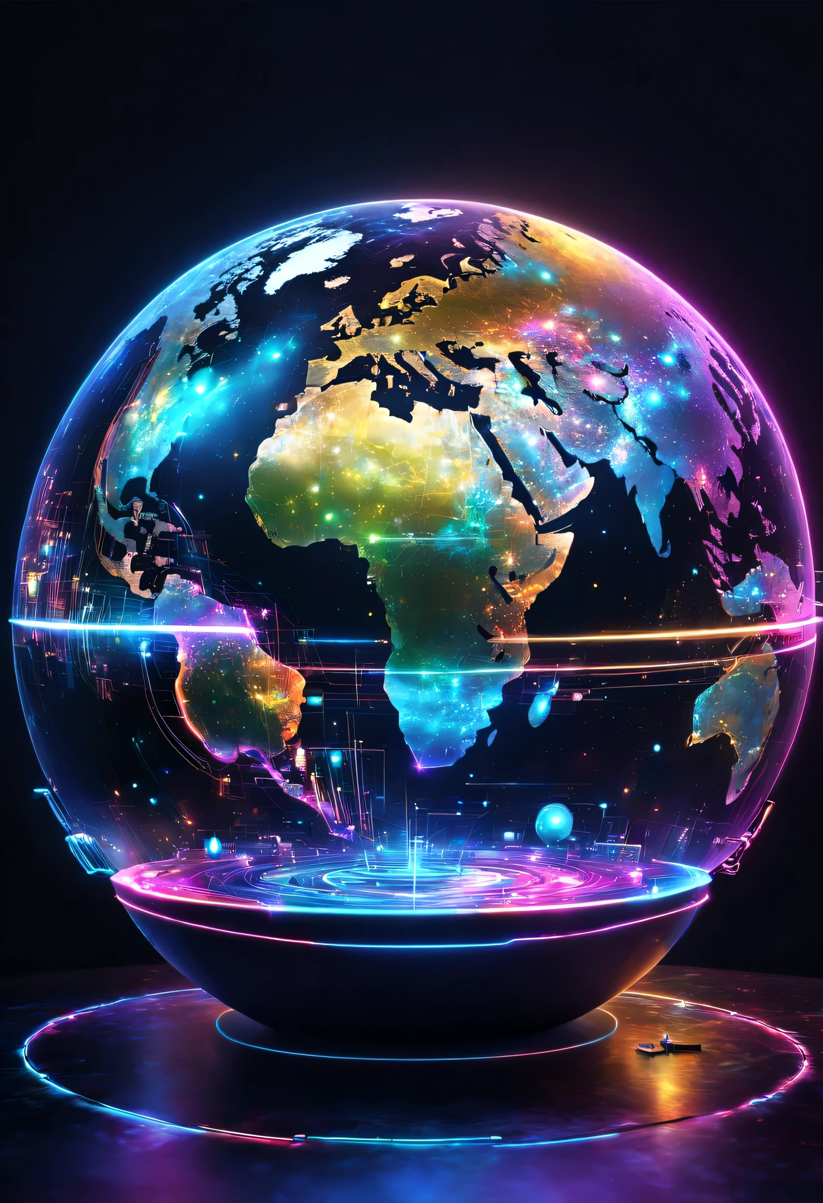 holography,draw in neon colors((Earth)):sphere:((floating)),transparent,Three-dimensional,light,SF,Digitalアート,Digital,scientific,dark background:electronic circuitry:draw in neon colors,3D,masterpiece,Digital空間,energy,beautiful,最高masterpiece,8K,科学のlight,be familiar with,Bright colors,colorful,nice,beautiful,rich colors,beautifullightのライン
