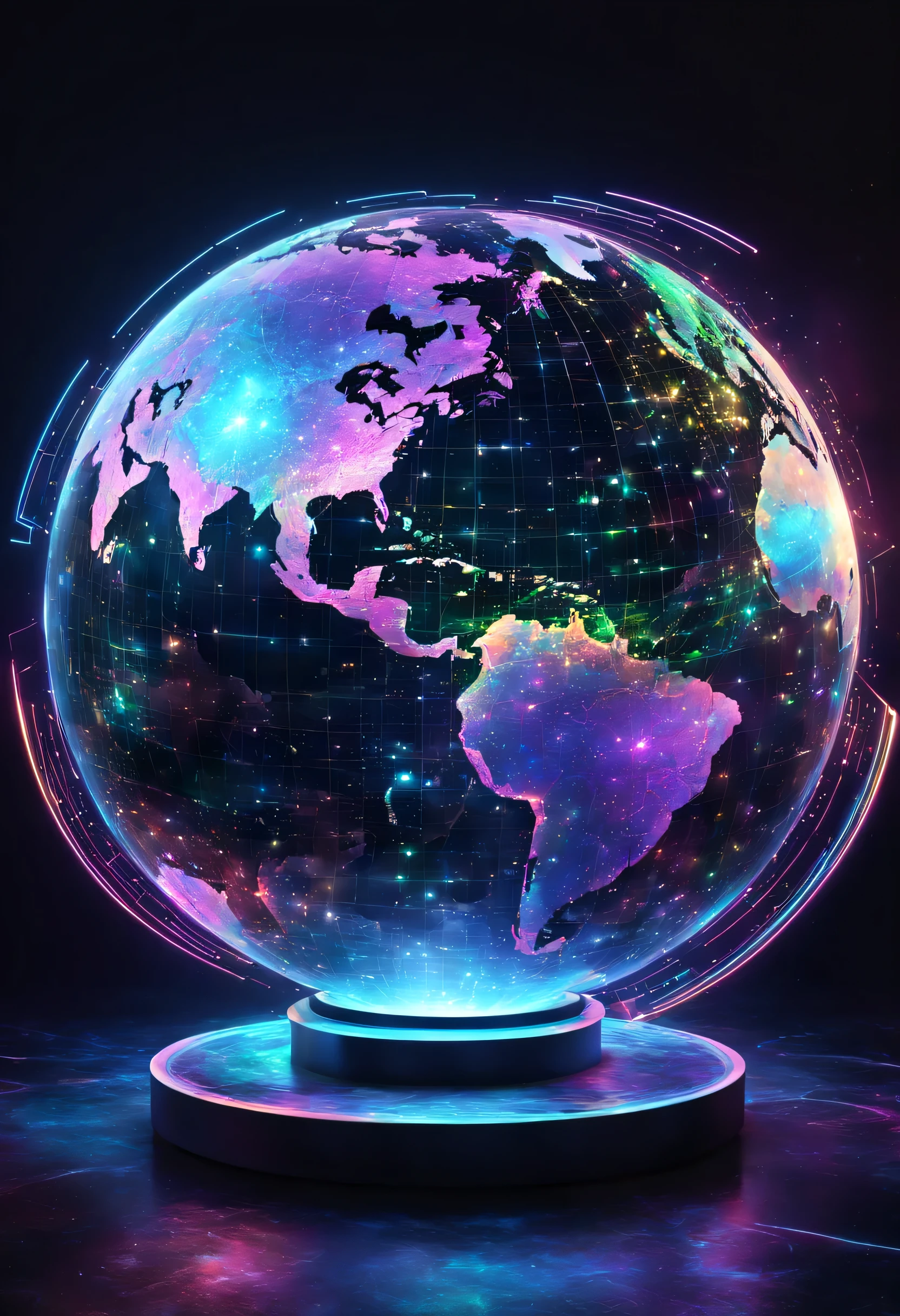 holography,draw in neon colors((Earth)):sphere:((floating)),transparent,Three-dimensional,light,SF,Digitalアート,Digital,scientific,dark background:electronic circuitry:draw in neon colors,3D,masterpiece,Digital空間,energy,beautiful,最高masterpiece,8K,科学のlight,be familiar with,Bright colors,colorful,nice,beautiful,rich colors,beautifullightのライン