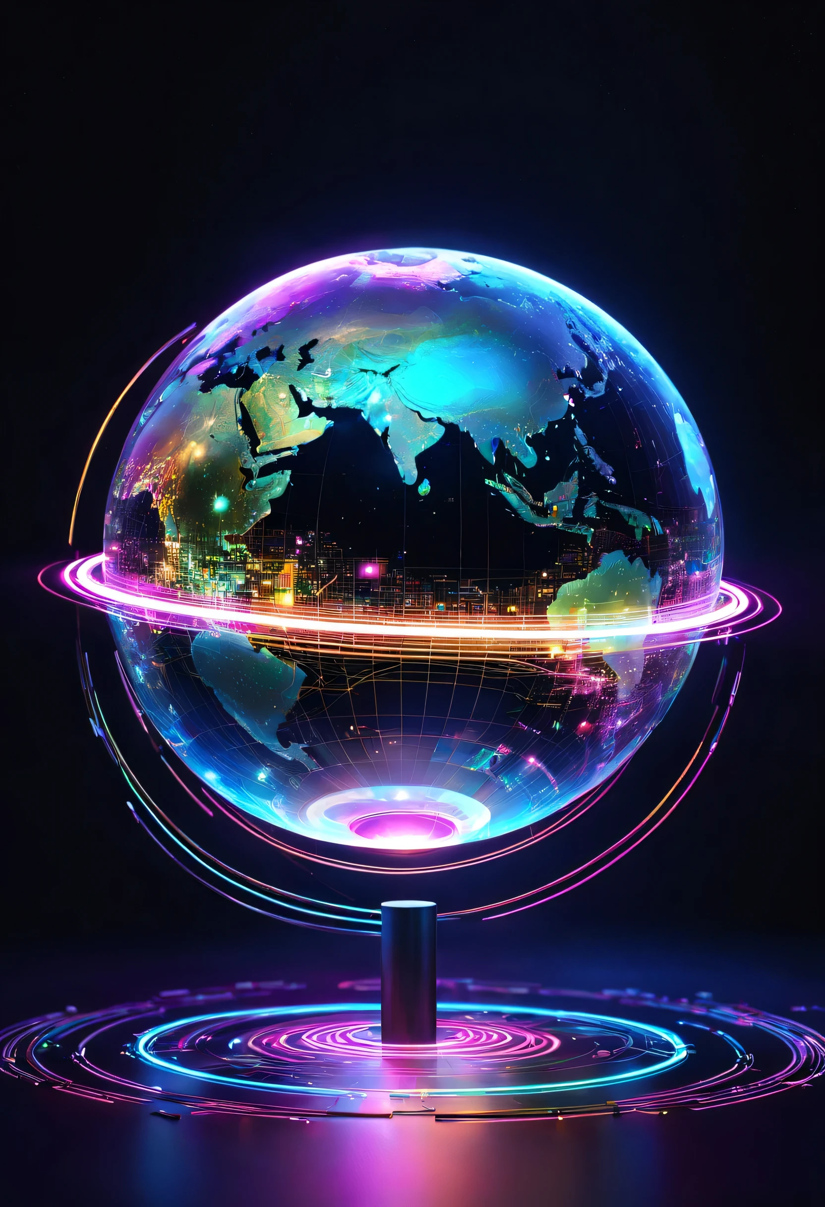 holography,draw in neon colors((Earth)):sphere:((floating)),transparent,Three-dimensional,light,SF,Digitalアート,Digital,scientific,dark background:electronic circuitry:draw in neon colors,3D,masterpiece,Digital空間,energy,beautiful,最高masterpiece,8K,科学のlight,be familiar with,Bright colors,colorful,nice,beautiful,rich colors,lightの小鳥が飛ぶ