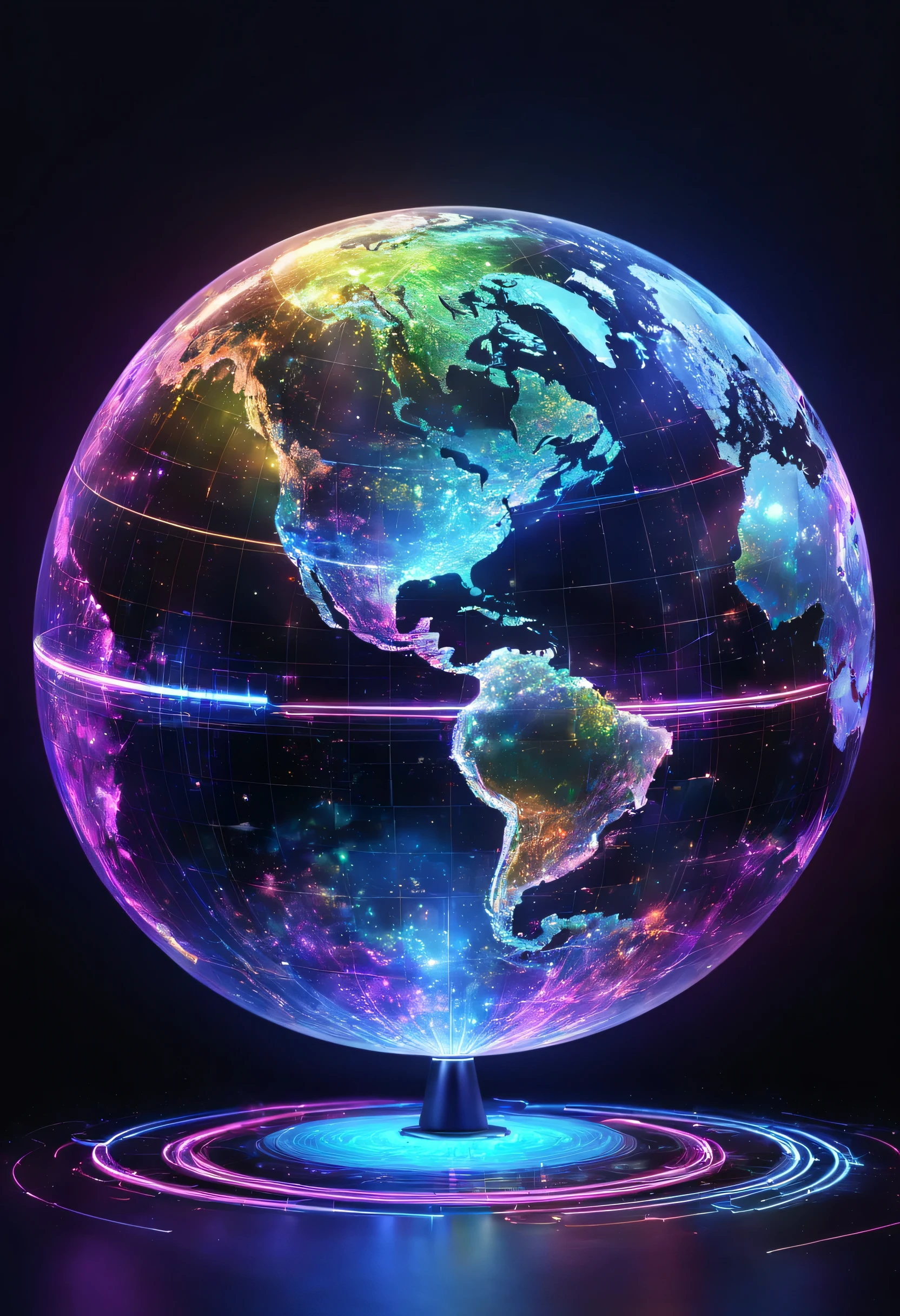 holography,draw in neon colors((Earth)):sphere:((floating)),transparent,Three-dimensional,light,SF,Digitalアート,Digital,scientific,dark background:electronic circuitry:draw in neon colors,3D,masterpiece,Digital空間,energy,beautiful,最高masterpiece,8K,科学のlight,be familiar with,Bright colors,colorful,nice,beautiful,rich colors,lightの小鳥が飛ぶ