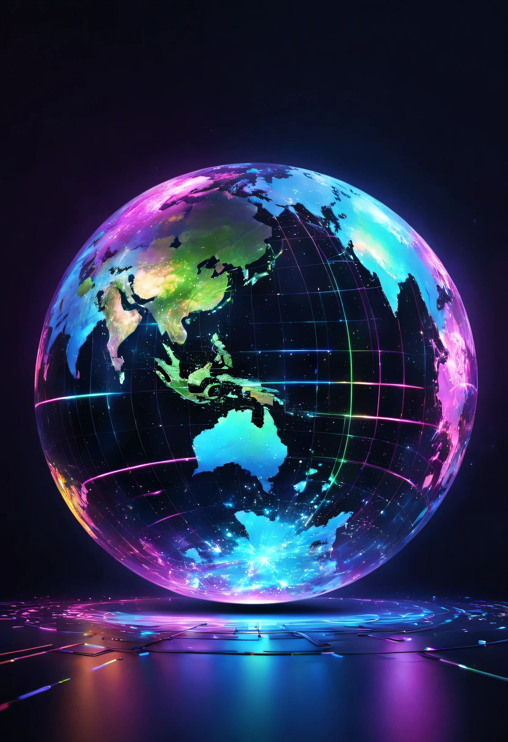 holography,draw in neon colors((Earth)):sphere:((floating)),transparent,Three-dimensional,light,SF,Digitalアート,Digital,scientific,dark background:electronic circuitry:draw in neon colors,3D,masterpiece,Digital空間,energy,beautiful,最高masterpiece,8K,科学のlight,be familiar with,Bright colors,colorful,nice,beautiful,rich colors,lightの小鳥が飛ぶ