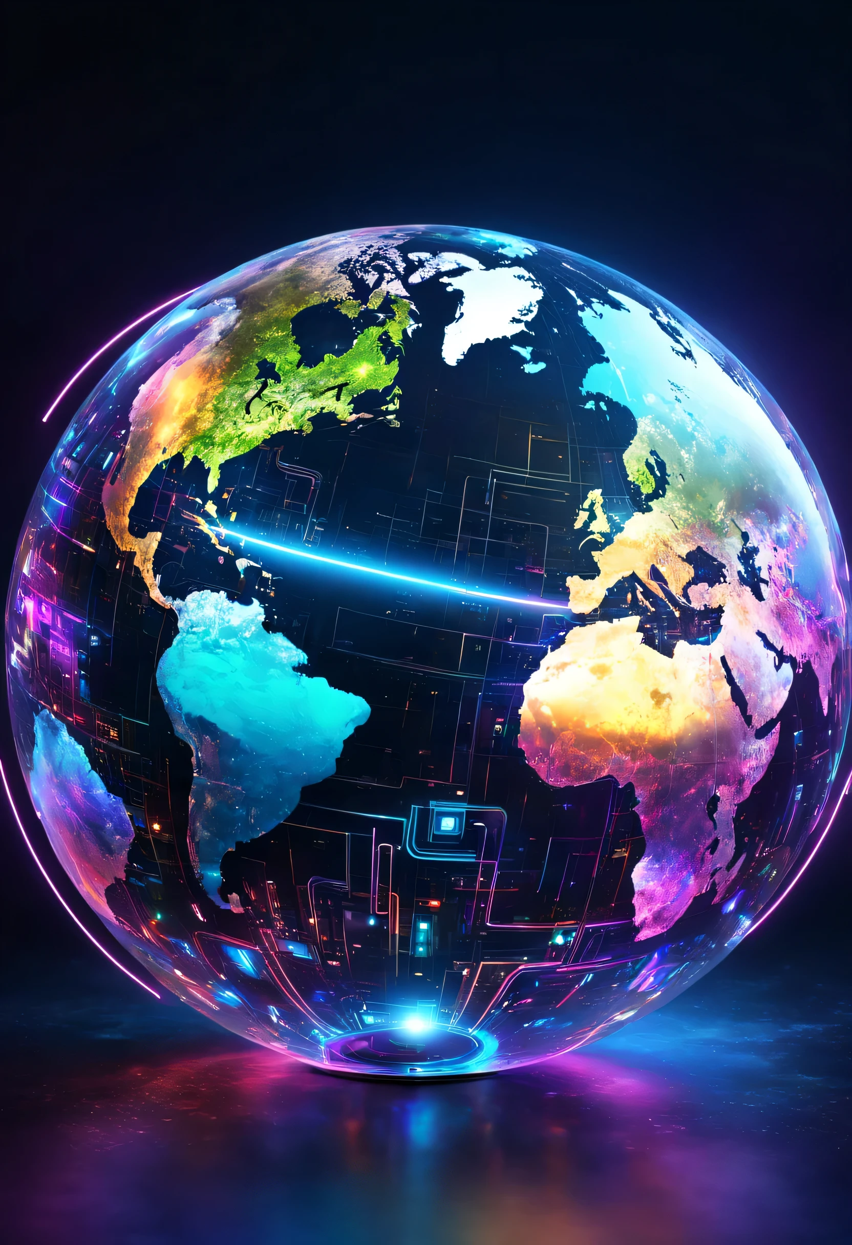 holography,Neon colorで描く((Earth)):sphere:((floating)),transparent,electronic circuitry,Three-dimensional,light,SF,Digitalアート,Digital,scientific,dark background:electronic circuitry:Neon color,3D,masterpiece,Digital空間,energy,beautiful,最高masterpiece,8K,科学のlight,be familiar with,Bright colors,colorful,nice,beautiful,rich colors,街と街を繋ぐlight