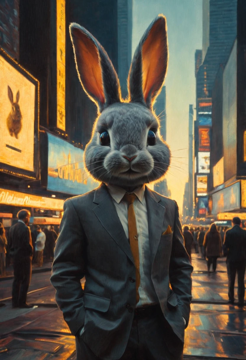 Ray tracing: Little gray little bunny in New York in Times Square stands and smiles. Jeremy Mann and Charles Danny Gibson, Mark Demsteder, Paula Headley + art concept. Very beautiful, gouache, cinematic, dark, creepy, mysterious, modern vintage. Types of lighting: Color space. Image Stabilization: Golden Hour: Ray Tracing: Cinestill 800T. HDR:
