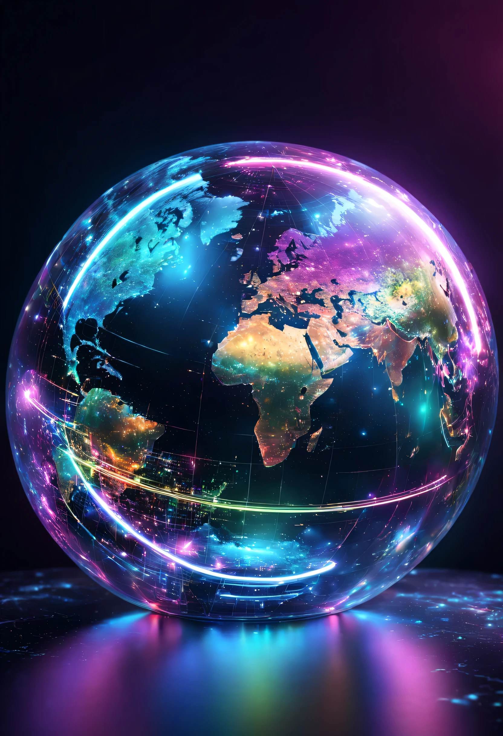 holography,Neon colorで描く((Earth)):sphere:((floating)),transparent,electronic circuitry,Three-dimensional,light,SF,Digitalアート,Digital,scientific,dark background:electronic circuitry:Neon color,3D,masterpiece,Digital空間,energy,beautiful,最高masterpiece,8K,科学のlight,be familiar with,Bright colors,colorful,nice,beautiful,rich colors,航空路をlightで描く