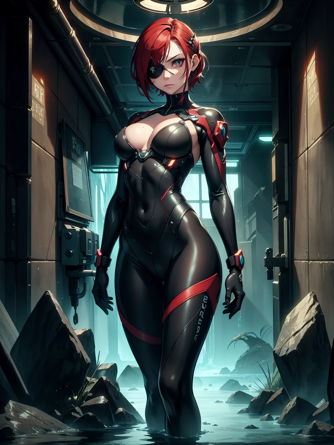 masterpiece, best quality, masterpiece, best quality, finely detail, beautiful detailed eyes, ultra detailed, extremely beautiful CG, super detailed skin, best quality, intricate, {{high quality}}, extra colors, 2D, megapixel, perfectionism, accent lighting, full HD, 4K, villain, dark heroine, 1girl, full body, 1girl, solo female, mature female, full body, contrapposto, resident evil laboratory, metal gear solid v, metroid underwater level, collarbone, red hair, red eyes, short hair, beautiful detailed eyes, weird red hair, short red hair, evil, medium_breasts, best quality, beautifully detailed face, ray tracing, DOF,HDR, thighhighs, fingerless_gloves, skintight clothe, fully clothed, gloves, (eye patch on left eyes:1,2 ), sneaking_suit, tactical gear, tactical uniform, camouflage bodysuit, skintight bodysuit, sneaking_suit, tactical gear, full clothed, indoors, horror movie ambience, character scale for the background, underwater ambience background, science fiction background, indoor, deep underwater base background, glowing, deep underwater base, deep water, official art, water infiltration, deep water through window, Pipeline under water, science fiction laboratory, deep underwater science fiction laboratory background, low water level on ground, corridor, submarine interior,