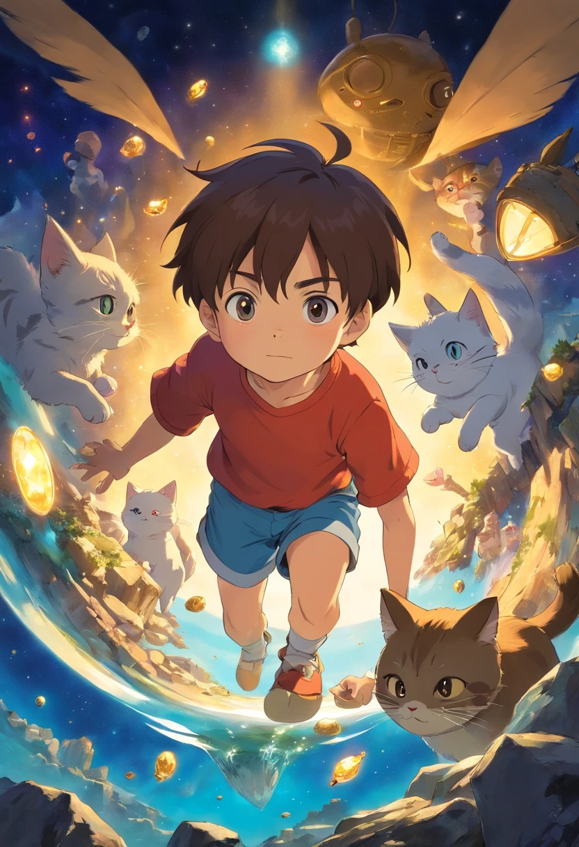 Little boy with his cat, excentrique, qui cherche des diamands dans l'espace . Brightness Clear dark. buried treasure.