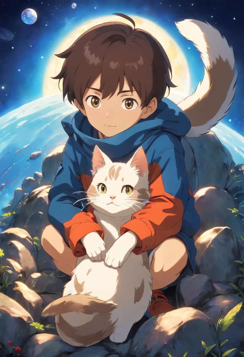 with his cat, excentrique, qui cherche des diamands dans l'espace . Brightness Clear dark. buried treasure.