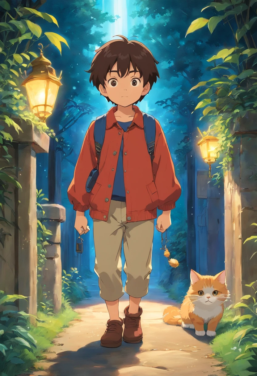 Little boy with his cat, excentrique, qui cherche des diamands dans l'espace . Brightness Clear dark. buried treasure. 
