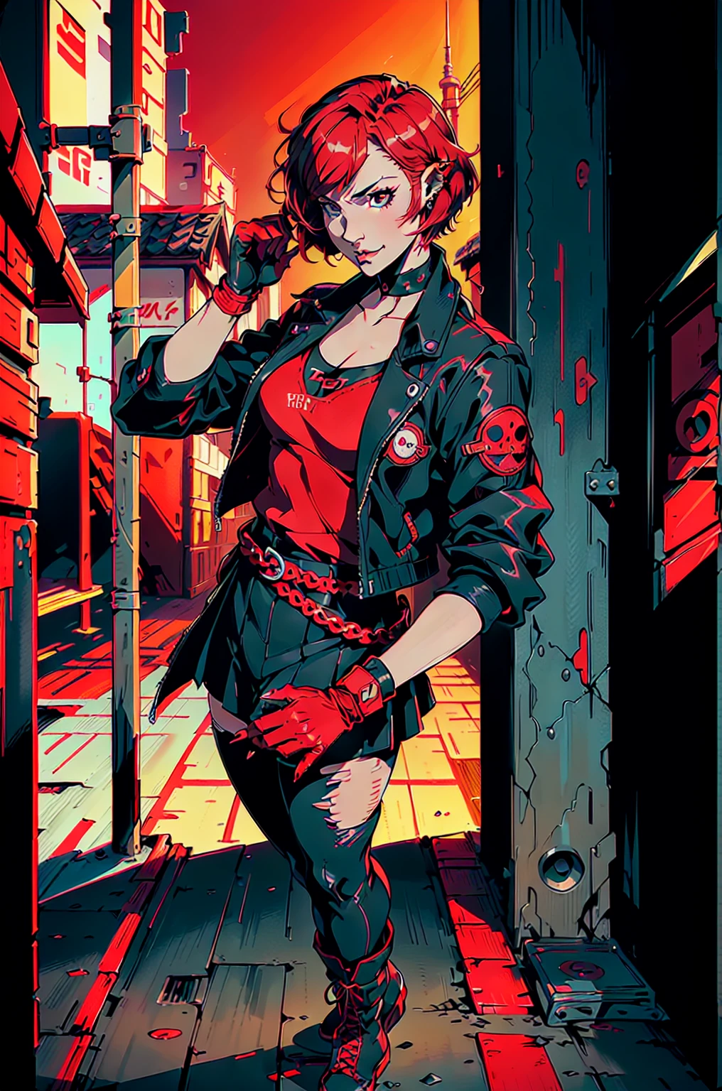 in the art style of persona5 and in the art style of street of rage 4, delinquent, (sukeban), mature_female, blush, mature, older woman, 25 years old, Sukeban teacher outfit, ((((1girl, solo female, solo, solo focus:1,9)))++++, choker, sukeban teacher, sukeban fighter, long_sleeves, open jacket, blue jacket,( jean)+++, light skin tone female, (full body)+++++, jacket, biker jacket, tape, arm_support, gloves, red_gloves, bridal gauntlets, nail polish, boots, black_footwear, fighter outfit, (full body)+++++++, hourglass, mature face, cheeky smile, cheeky face, wrinkles, (((((red hair, short hair, bob cut, earrings, ear piercings)))), red eyeighting art, Martial arts, standing, fighting_stance, fight, fighting), extra colors, 2D, megapixel, perfectionism, accent lighting, full HD , (Masterpiece:1.2), (full-body-shot:1),(cowboy shot:1.2), (Highly detailed:1.2),(anime Detailed Face:1.2), Colorful, A detailed eye, (Detailed landscape:1.2), (natural lighting:1.2), ((sukeban school teacher)) by Vincent Di Fate: Aidyllery, Anamorphic Shot, rule of thirds, face by Artgerm and WLOP, ((street of rage 4 city backround)), fictive city backround in the style art of street of rage 4,