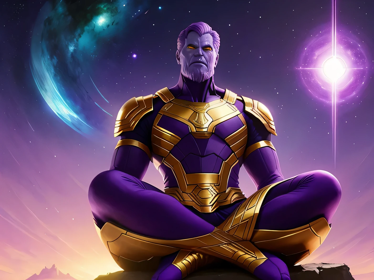 um thanos fofo meditando, manto budista, universo, sonhadores, arte conceitual, enevoado, elegante, altamente detalhado, no estilo de Greg Rutkowski, cores escuras, tons suaves
