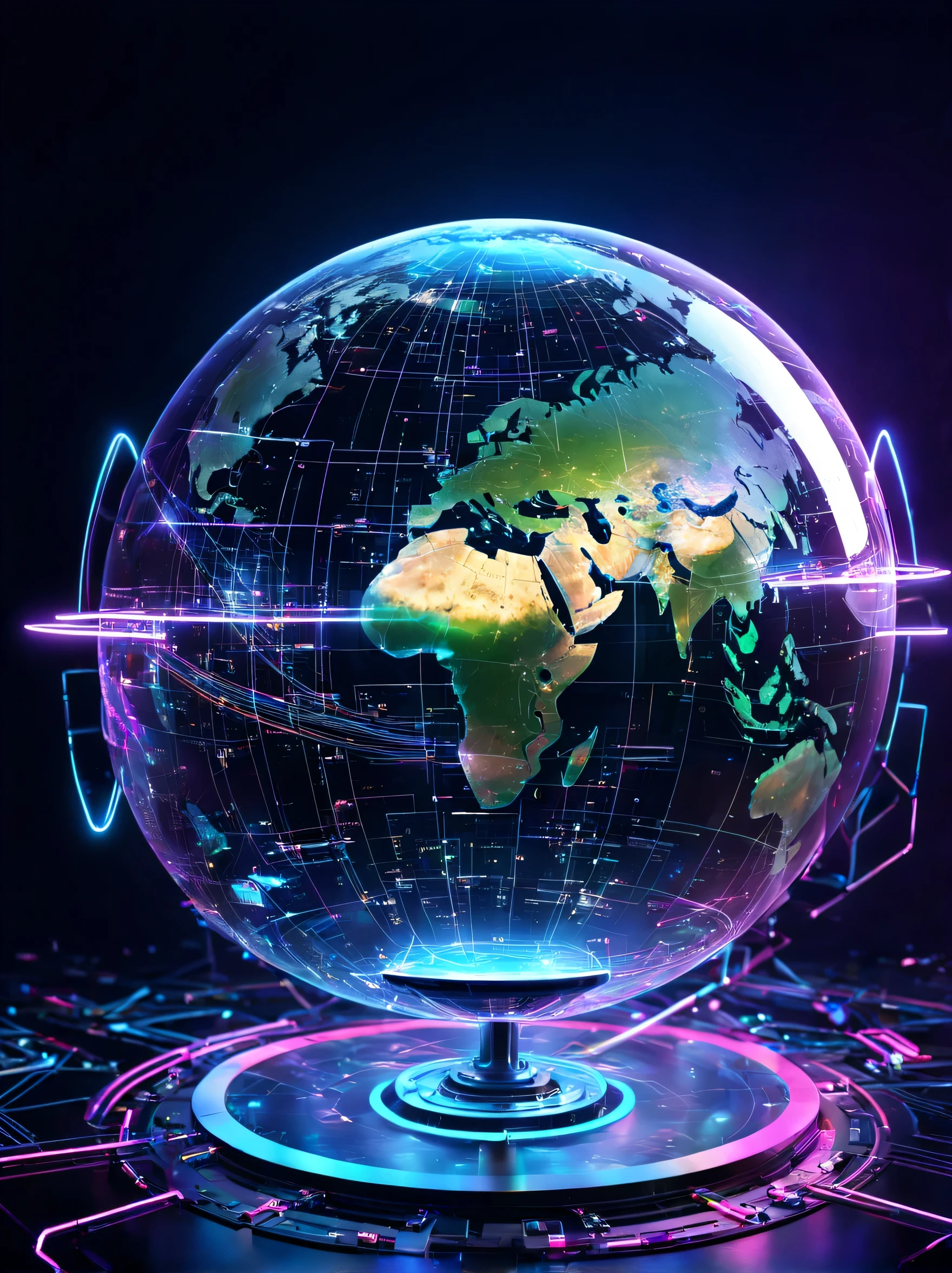 holography,Neon colorで描く((Earth)):sphere:((floating)),transparent,electronic circuitry,Three-dimensional,light,SF,Digitalアート,Digital,scientific,dark background:electronic circuitry:Neon color,3D,masterpiece,Digital空間,energy,beautiful,最高masterpiece,8K,科学のlight,be familiar with,Bright colors,colorful,nice,beautiful,rich colors