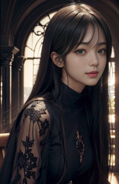 (Ultra Realistic), (Illustration), (Increased Resolution), (8K), (Extremely Detailed), (Best Illustration), (Beautiful and Detailed Eyes), (Best Quality), (Ultra Detailed), (Masterpiece ), ( wallpaper), (detailed face), solo, 1 girl, looking at viewer, fine details, detailed face, in the dark, deep shadows, low key, pureerosfaceace_v1, smiling, long hair, black shawl straight hair , 46 points oblique bangs、立つ、体全体が写る構図、セクシーポーズ、黒いゴスロリ服、ゴスロリファッション、ニーハイソックス、ブーツ、笑顔
