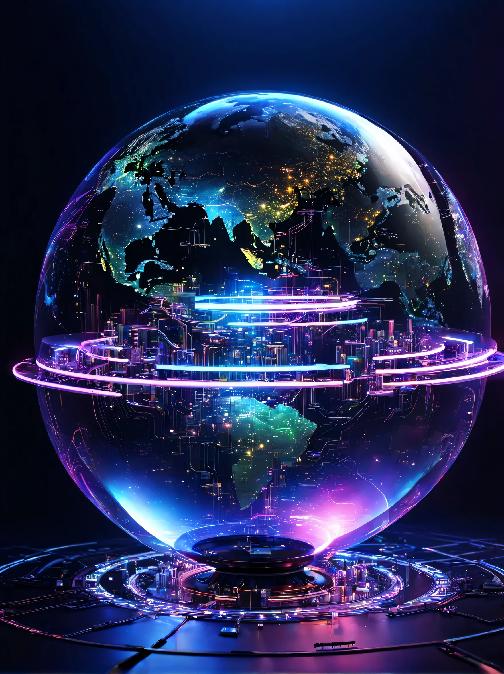 holography,Neon colorで描く((Earth)):sphere:((floating)),transparent,electronic circuitry,Three-dimensional,light,SF,Digitalアート,Digital,scientific,dark background:electronic circuitry:Neon color,3D,masterpiece,Digital空間,energy,beautiful,最高masterpiece,8K,科学のlight,be familiar with,Bright colors,colorful,nice,beautiful,rich colors