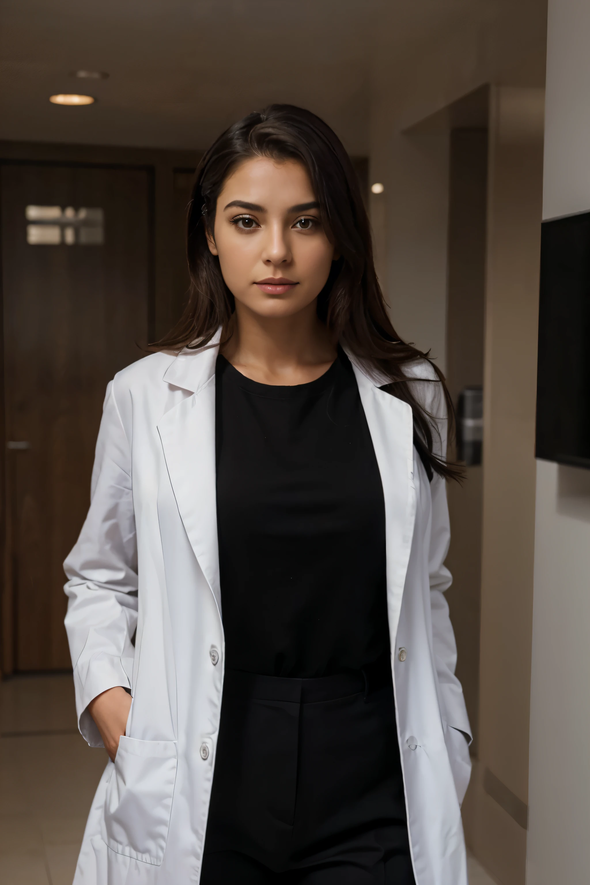 extremely high quality, realismo, female doctor, black medical coat