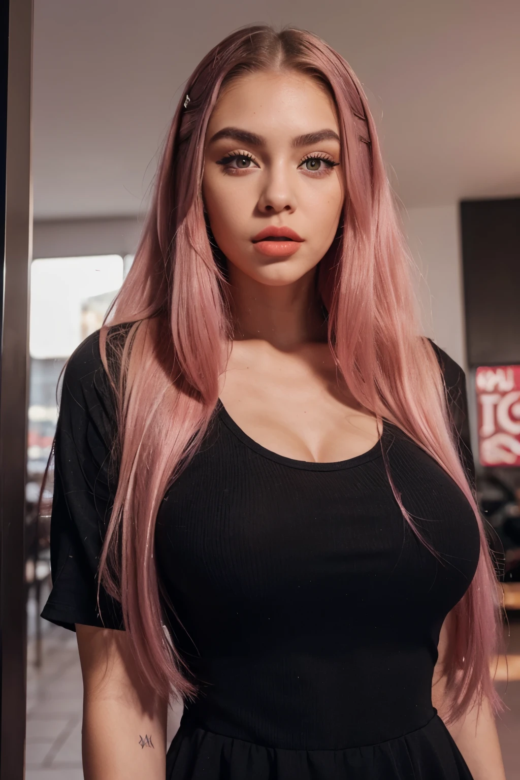 woman nun in black robe, Beautiful italian woman prays, a sexy girl, a beautiful, open big breasts, pink hair, photo of a beautiful, Young sexy woman, beautifully soft lighting, The Goddess, woman, detailed eyes and face, beautiful detailed eyes, choker around the neck, beautiful detailed lips, extremely detailed eyes and face, Sexy young woman, Gray background, gorgeous soft lighting
