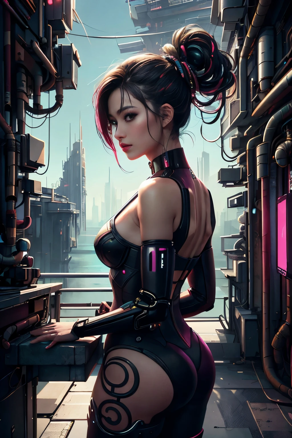Uma belissima garota japonesa ciborgue, cyberpunk corpo lindo, peitos medios, belo quadril, partes mecanicas, cabelo medio, intincado detalhado, luzes neon, side view of the back looking at the viewer, on a luxurious terrace, vista de fundo predios futuristas da cidade