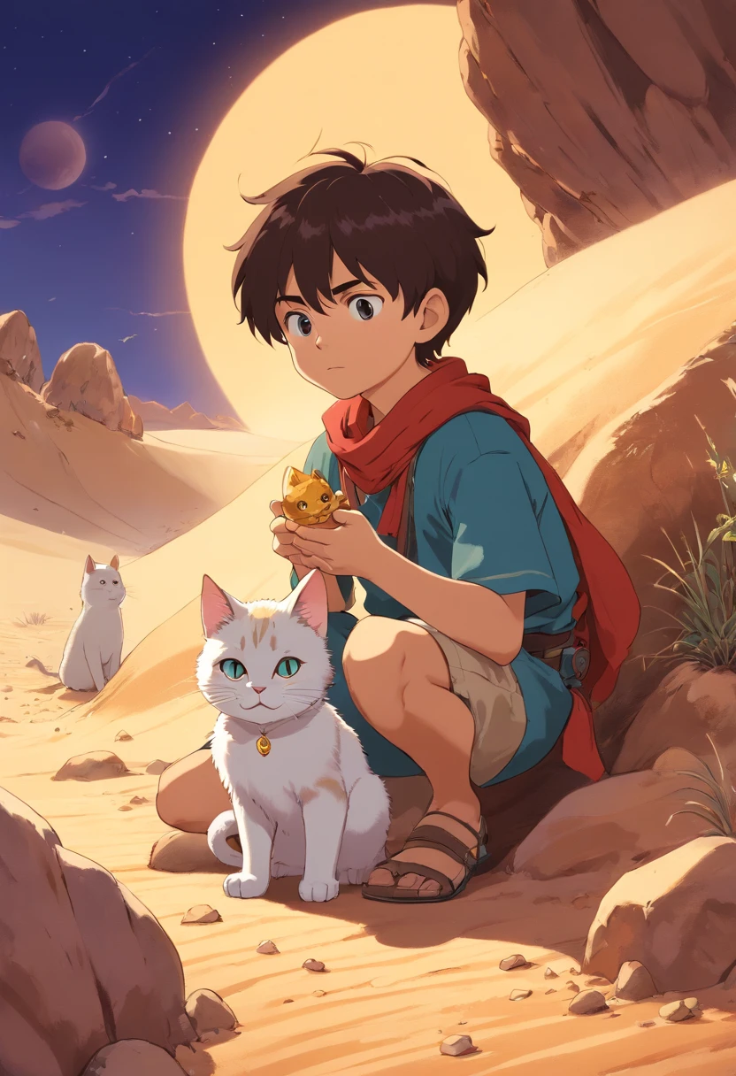 Little boy with his cat, excentrique, who searches for diamonds in the hot and dry desert. Brightness Clear dark. buried treasure.